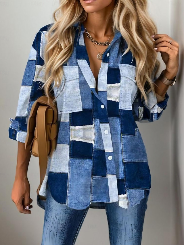  Women's Shirt 3D Print Basic Color Block Buttons Print Long Sleeve Regular Tops Shirt Collar Casual Blue Spring &  Fall
