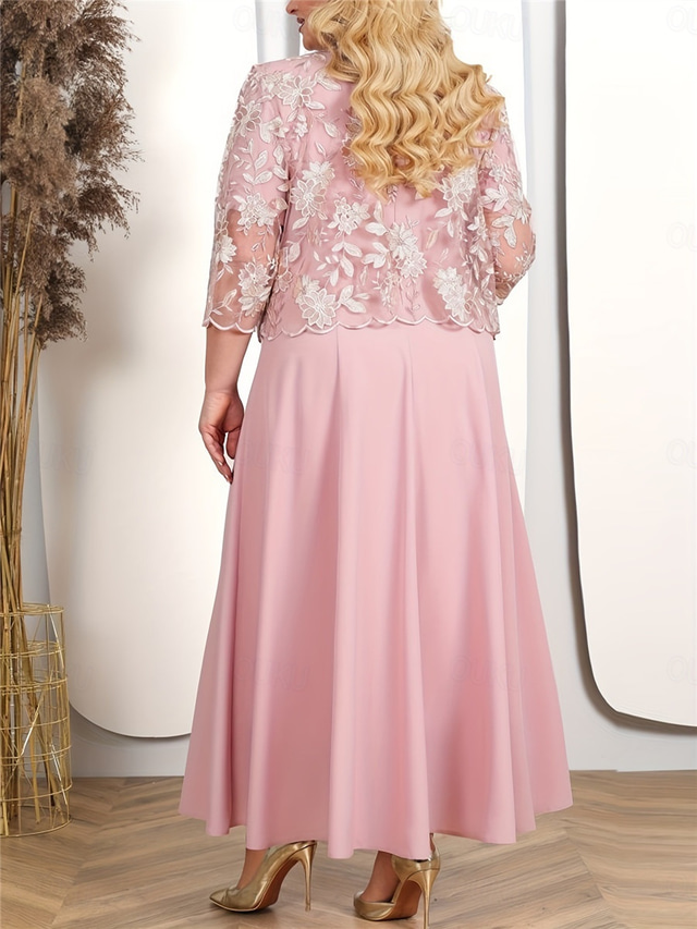  Women's Plus Size Dress Set Lace Dress Party Dress Semi Formal Dress Elegant Fashion Plain Lace Embroidered Long Dress Maxi Dress 3/4 Length Sleeve Crew Neck Party Wedding Guest Pink Blue Spring Fall