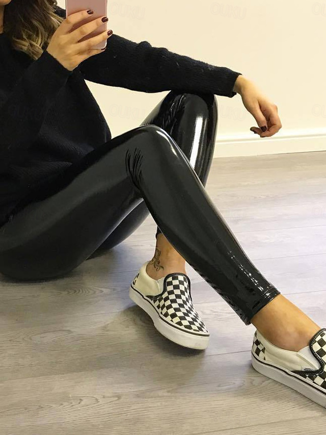  Women's Skinny Slim Leather Pants Fashion Streetwear Ankle-Length High Waist Plain Pocket High Cut Breathability Comfortable High Elasticity Party Street Causal Black Summer Fall Slim