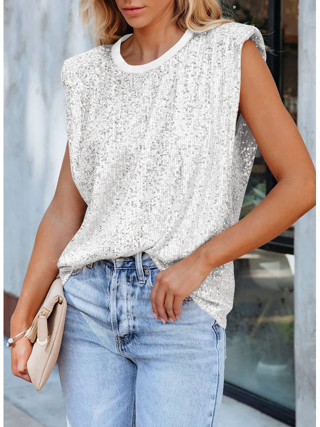 Dames Camisole Tank Top Effen Sprankelend Mode Mouwloos Ronde Hals Regelmatige Tops Casual Pailletten Zilver Zwart Roze Fuchsia Goud Zomer