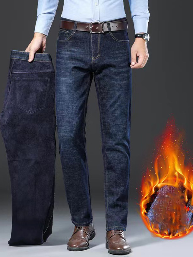  Men's Jeans Fleece Pants Winter Pants Trousers Denim Pants Pocket Plain Comfort Breathable Outdoor Daily Going out Fashion Casual Black Dusty Blue