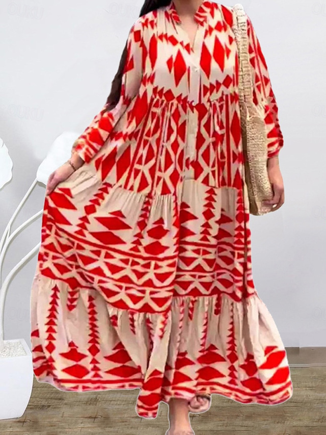  Dámské Dlouhé šaty Maxi šaty Boho šaty s dlouhým rukávem Boho šaty Šaty s potiskem Jarní šaty Čechy Módní Šik ven Venkovní Dovolená ulice Volný Geometrický Rozdělený krk Černá Žlutá Rubínově červen