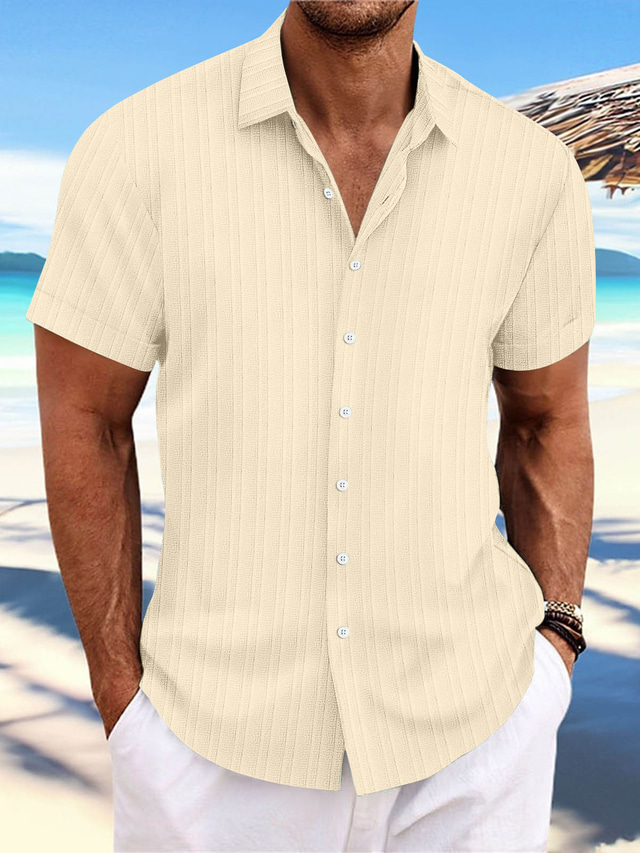  Men's Shirt Button Up Shirt Casual Shirt Summer Shirt Beach Shirt Black White Yellow Light Green Pink Short Sleeve Stripes Lapel Daily Vacation Clothing Apparel Fashion Casual Comfortable