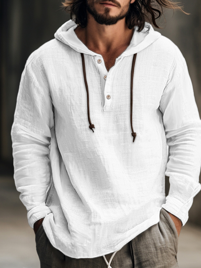  Men's Shirt Linen Shirt Hooded Shirt White Blue Brown Long Sleeve Stripes Hooded Spring & Summer Casual Daily Clothing Apparel