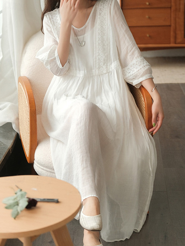  Women's Black White Yellow Fall Autumn Maxi Dress Linen-Inspired Dresses Casual Dress Basic Classic Casual Outdoor Vacation Daily Loose Fit Plain V Neck