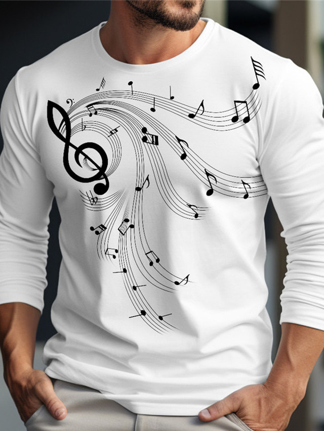  Musical Notes Designer Casual Men's 3D Print T shirt Tee Graphic Tee Outdoor Daily Vacation T shirt White Blue Green Long Sleeve Crew Neck Shirt Spring &  Fall Clothing Apparel S M L XL 2XL 3XL