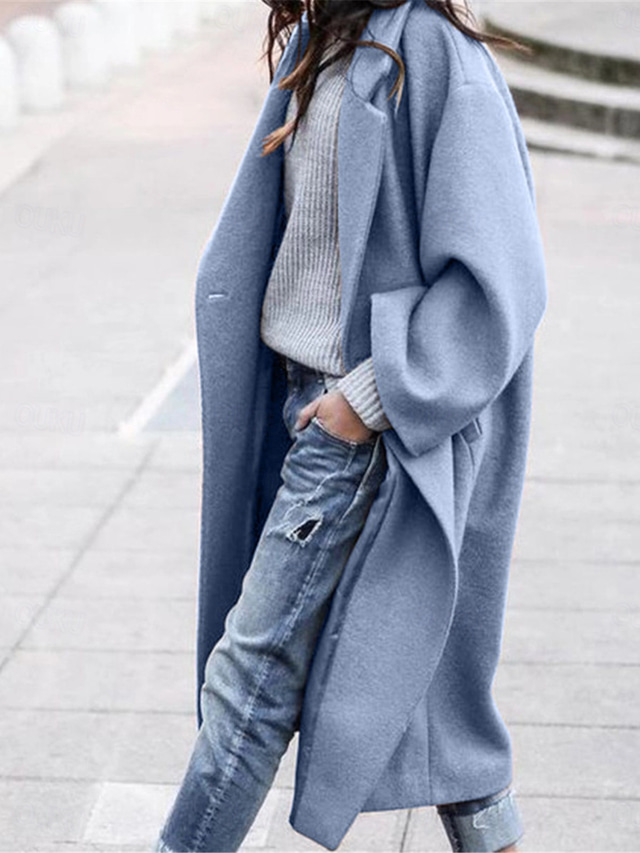  Women's Winter Coat Long Pea Coat with Hood Fall Overcoat Windproof Warm Lapel Trench Coat Oversized Open Front Turndown Fashion Street Outerwear Long Sleeve