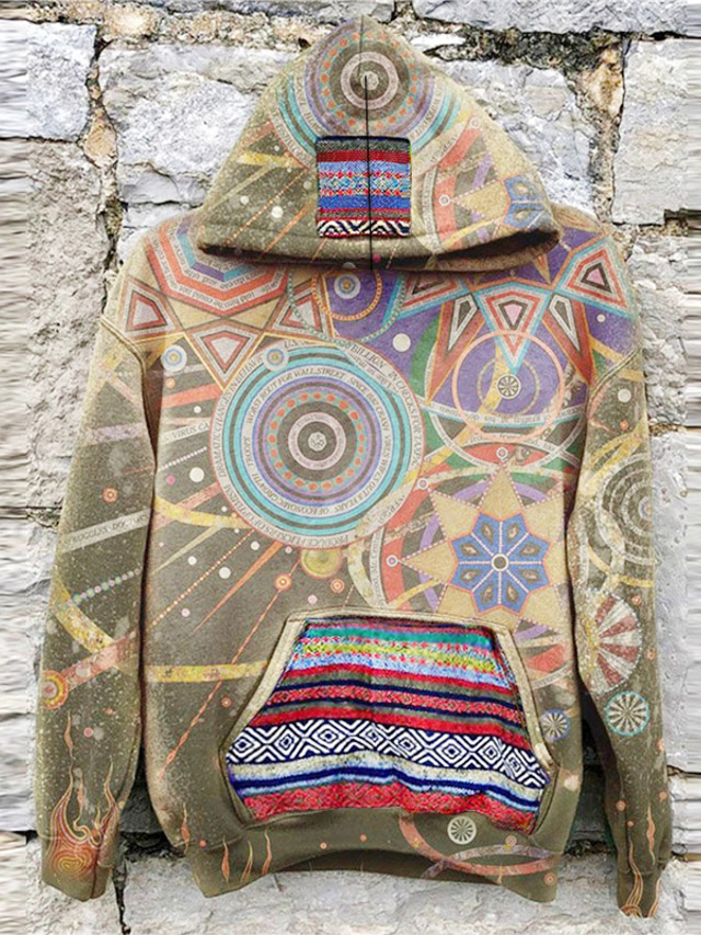  Colorful Abstract Design Hoodie Mens Graphic Pullover Sweatshirt Khaki Hooded Geometric Prints Daily Sports 3D Streetwear Designer Basic Spring & Fall Hippie Festival Green Cotton