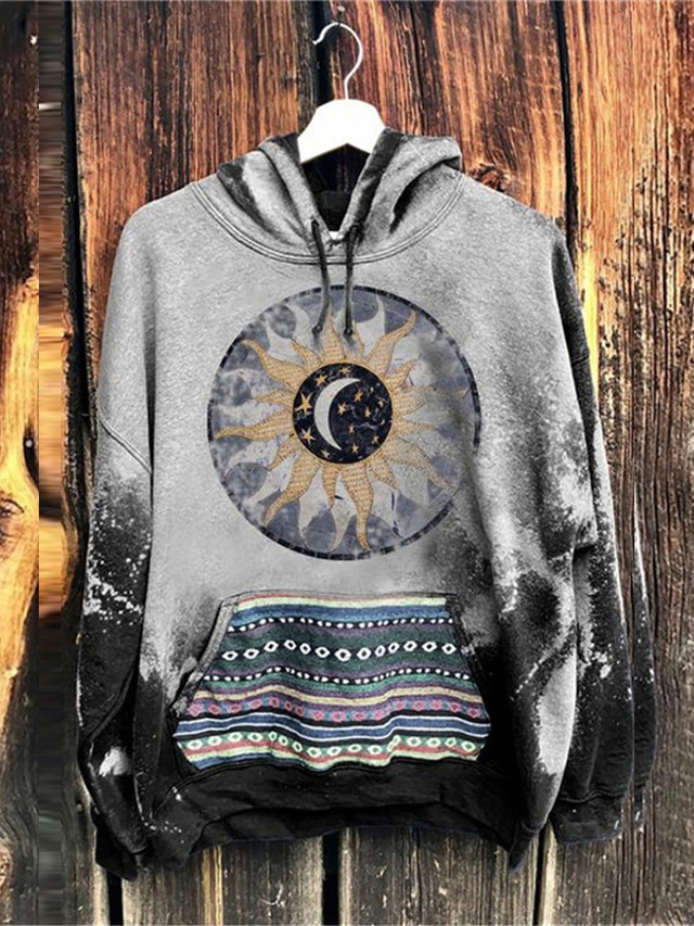  Mens Graphic Hoodie Pullover Sweatshirt Gray Hooded Geometric Moon Stars Print Daily Sports 3D Streetwear Designer Basic Spring & Fall Clothing Apparel Sun And Hippie Festival Grey Cotton