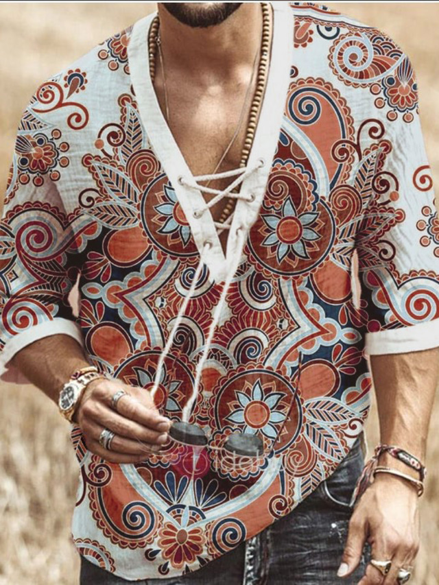  Men's Shirt Floral Standing Collar Casual Daily Drawstring Half Sleeve Tops Designer Casual Fashion Breathable White Blue Orange