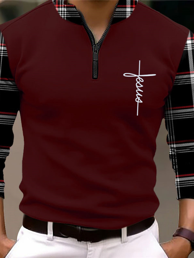  Plaid Faith Men's Vintage 3D Print Zip Polo Golf Polo Outdoor Casual Daily Streetwear Polyester Long Sleeve Zip Polo Shirts Black White Fall & Winter S M L Micro-elastic Lapel Polo