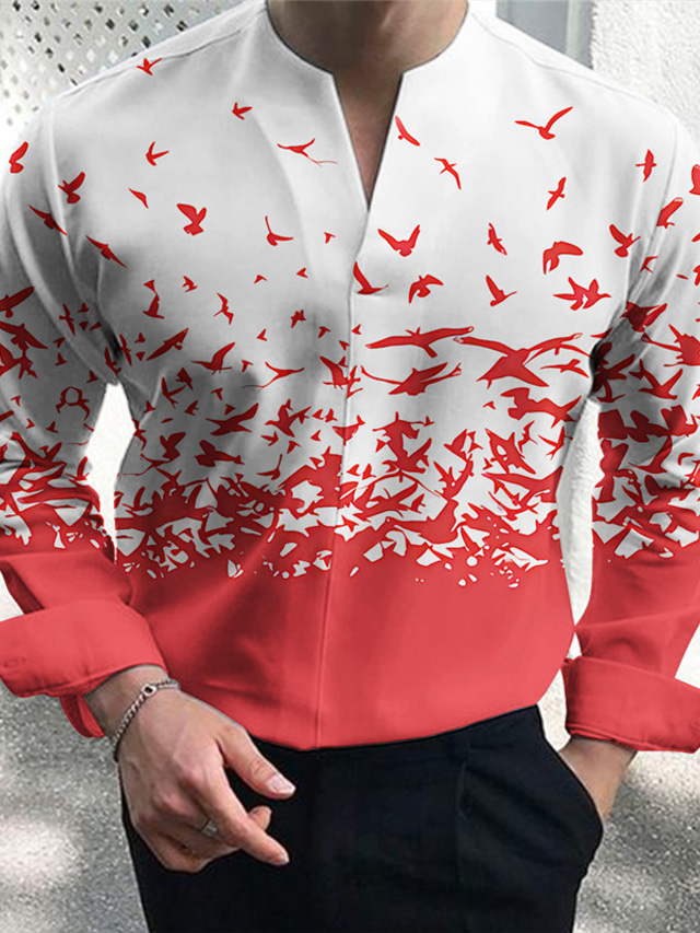  Vogel Casual Voor heren Overhemd Buiten Straat Casual / Dagelijks Herfst winter Gespleten nek Lange mouw Zwart Rood S M L Overhemd