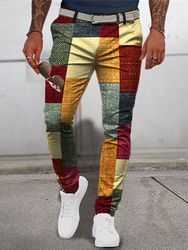  Plaid Geometry Business Men's 3D Print Pants Trousers Outdoor Street Wear to work Polyester Yellow Blue Green S M L Mid Waist Elasticity Pants