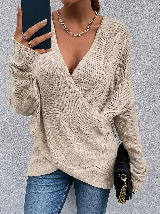 Women's Sweater Pullover Jumper Criss Cross Knitted Solid Color Stylish Casual Long Sleeve Regular Fit Sweater Cardigans V Neck Fall Winter Blue Purple Pink / Holiday / Going out