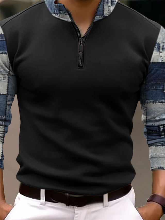 Kratka Męskie Codzienny 3D Nadruk Bluza polo Na zewnątrz Codzienne Streetwear Poliester Długi rękaw Suwak Koszulki polo Czarny Biały Jesień i zima S M L Średnio elastyczny Polo z klapami