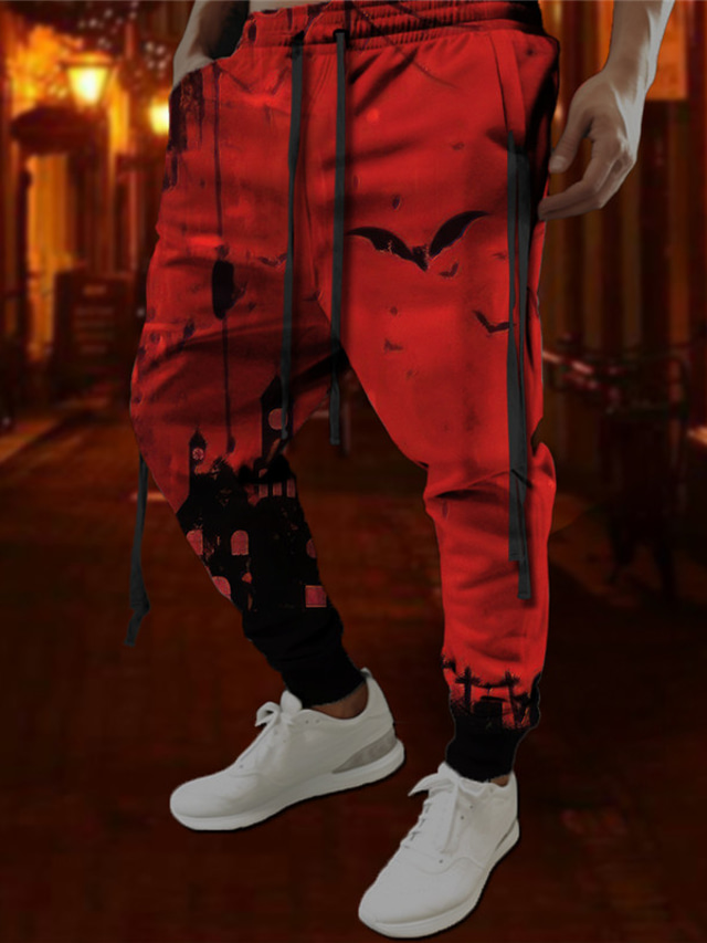  Nietoperz Gotyckie Halloween Męskie Druk 3D Spodnie dresowe Spodnie Halloween Halloween Poliester Czerwony Pomarańczowy Koniczyna S M L Średni Talia Elastyczność Spodnie