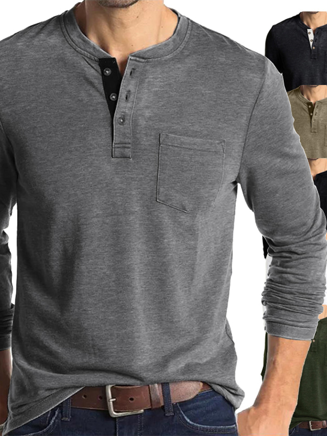  Men's T shirt Tee Henley Shirt Long Sleeve White Black Gray Army Green Khaki Dark Gray Solid Color Stand Collar Casual Daily Button-Down Clothing Clothes Lightweight Casual Classic