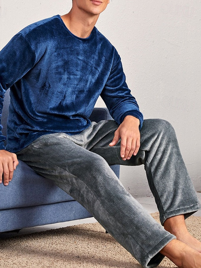  Homme Vêtements d'intérieur Vêtements de nuit Ensemble de pyjama Pyjama Haut et Pantalon 2 Pièces Plein mode Décontractées Confort Intérieur du quotidien Flanelle Confort Col Ras du Cou manche longue