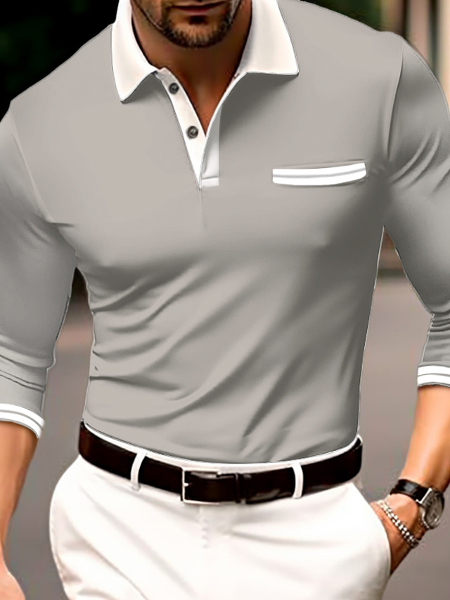  Men's Button Up Polos Golf Shirt Casual Sports Lapel Long Sleeve Fashion Basic Plain Button Spring &  Fall Regular Fit White Red Blue Dark Gray Gray Button Up Polos