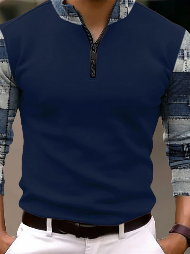  Voor heren Ruitjes Polo met rits Lange mouw Poloshirt Rits Casual Buiten Casual / Dagelijks Streetwear 3D Afdrukken Zwart Wit Donker Marine