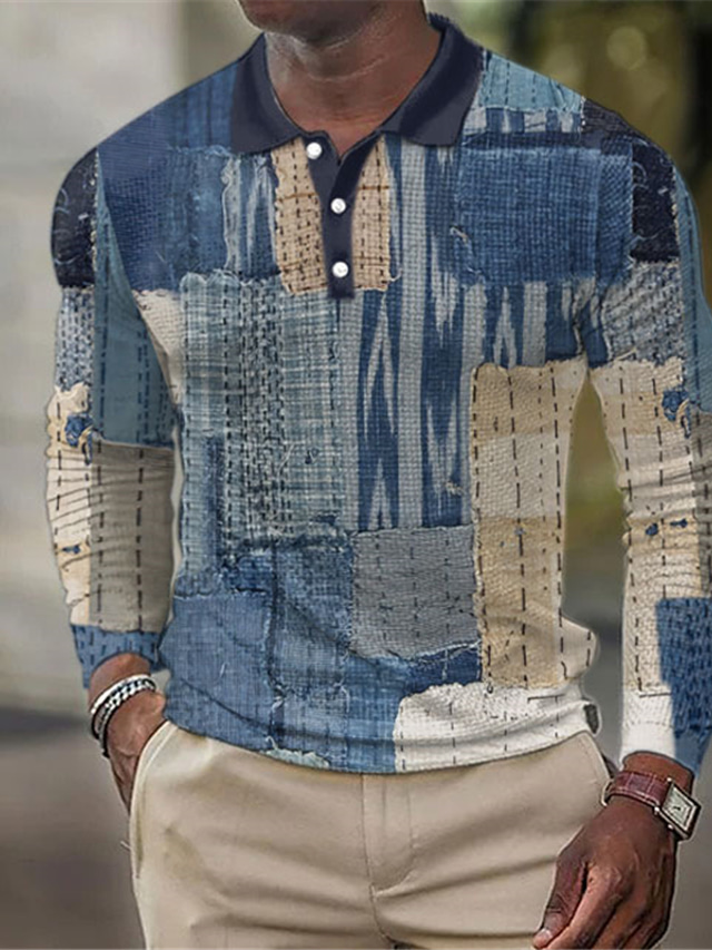 Plaid Geometry Men's Casual 3D Print Waffle Polo Shirt Outdoor Casual Daily Streetwear Waffle Fabric Long Sleeve Turndown Polo Shirts Royal Blue Blue Fall & Winter S M L Lapel Polo