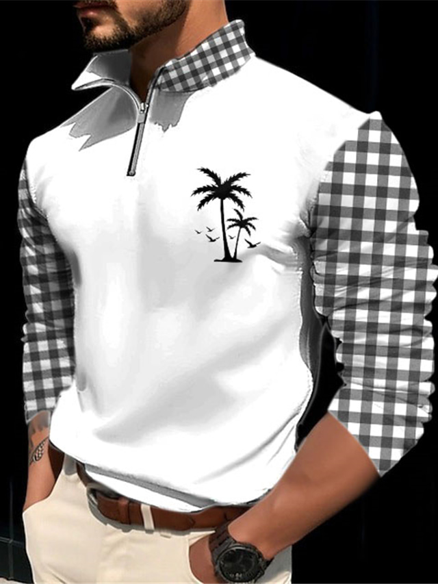  Plaid Coconut Tree Men's Casual 3D Print Zip Polo Golf Polo Outdoor Casual Daily Streetwear Polyester Long Sleeve Zip Polo Shirts White Blue Fall & Winter S M L Micro-elastic Lapel Polo
