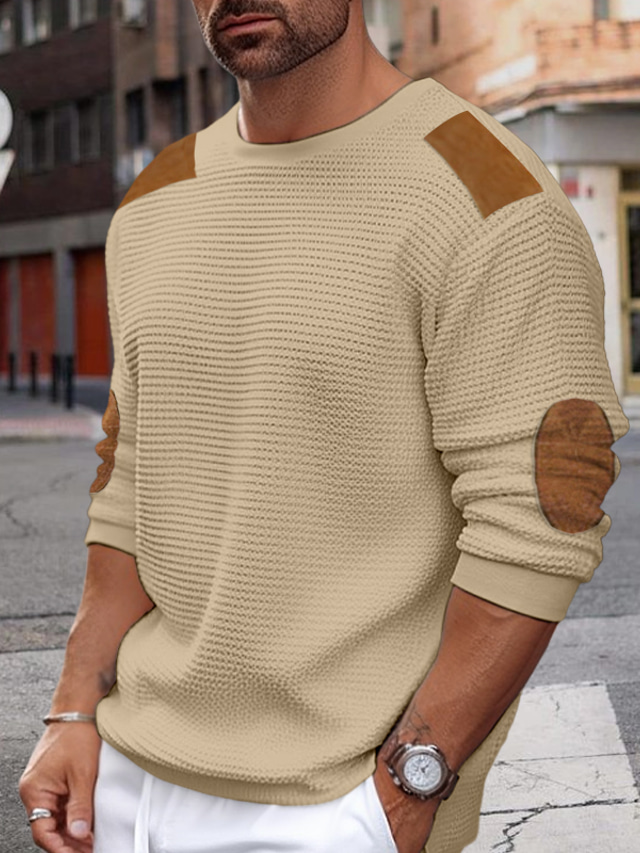  Men's Sweater Pullover Ribbed Waffle Knit Knitted Plain Crew Neck Keep Warm Modern Contemporary Daily Wear Going out Clothing Apparel Fall & Winter Black White S M L