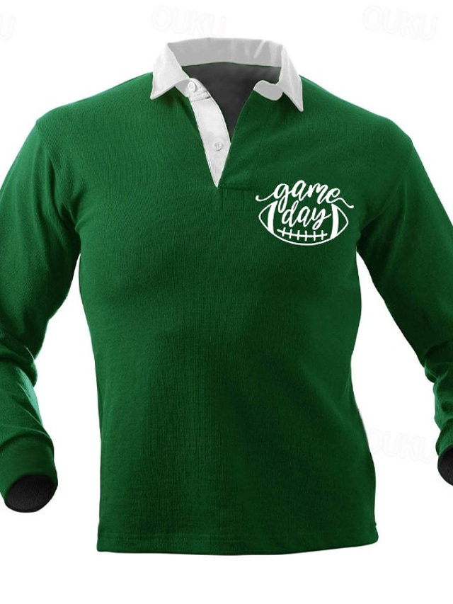  Homme Lettre Polo de rugby manche longue Polos Col Rabattu Occasionnel Extérieur Décontracté Quotidien Vêtements de rue 3D Imprimé Automne & Hiver Noir Vin Marine foncé