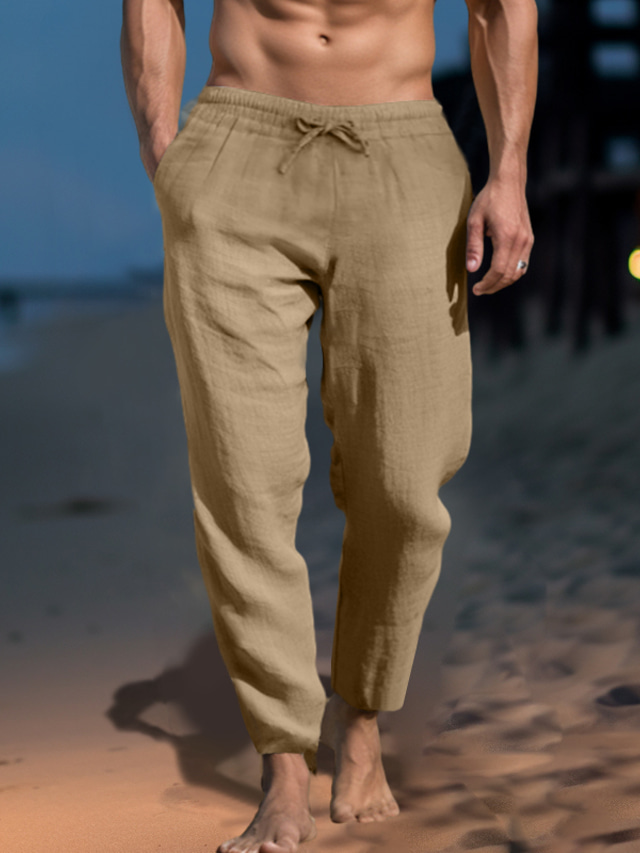  Hombre Pantalones de lino Pantalones pantalones de trabajo Pantalones de playa Bolsillo Correa Cintura elástica Plano Comodidad Suave Diario Fin de semana Mezcla Lino Algodón Ropa de calle Casual