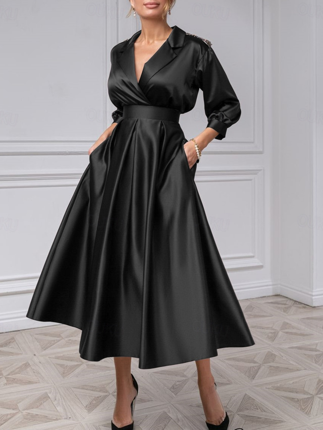  TS A-Line Cocktail Dresses Elegant Dress Wedding Guest Evening Party Tea Length 3/4 Length Sleeve Shirt Collar Satin with Pleats 2025