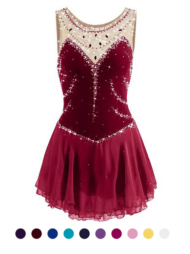  Figure Skating Dress Women's Girls' Ice Skating Dress Yan pink Aegean Blue White Patchwork Mesh Spandex Practice Competition Skating Wear Handmade Jeweled Rhinestone Sleeveless Ice Skating Figure