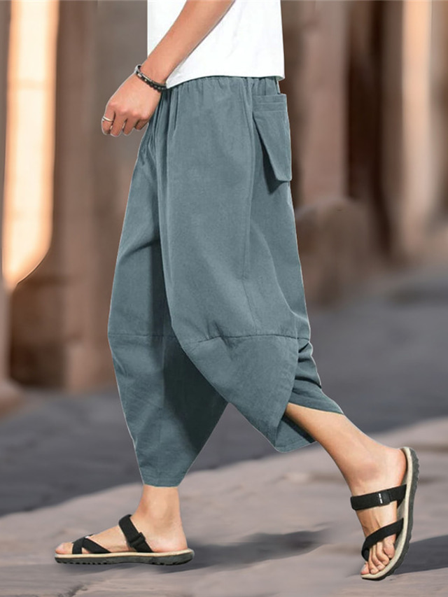  Men's Linen Pants Summer Pants Capri shorts Beach Pants Drawstring Elastic Waist Plain Comfort Breathable Calf-Length Casual Daily Holiday Linen / Cotton Blend Fashion Classic Style Black Red
