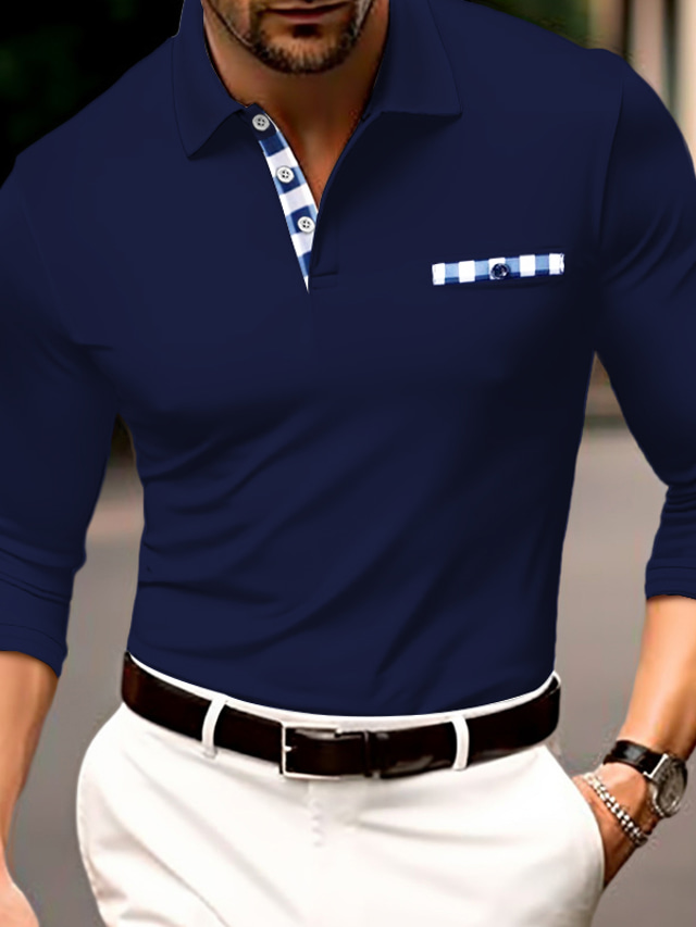  Men's Polo Shirt Golf Shirt Casual Sports Lapel Long Sleeve Fashion Basic Color Block Button Front Pocket Spring &  Fall Regular Fit Black White Navy Blue Gray Polo Shirt