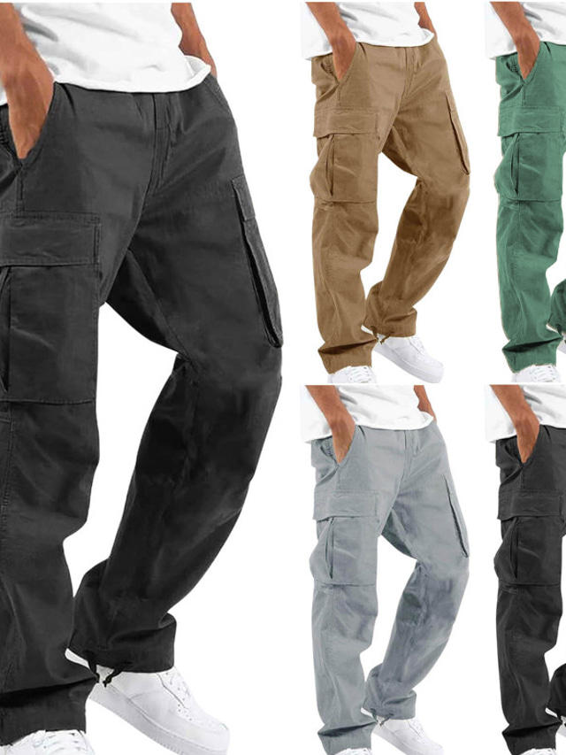  男性用 カーゴパンツ ズボン マルチポケット まっすぐな足 純色 履き心地よい 高通気性 カジュアル 日常 ファッション ストリートファッション ブラック ライトグリーン