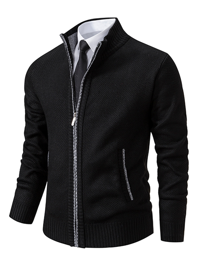  Men's Cardigan Sweater Dress Sweater Zip Sweater Ribbed Knit Cropped Knitted Plain Standing Collar Warm Ups Modern Contemporary Daily Wear Going out Clothing Apparel Spring &  Fall Black Blue S M L