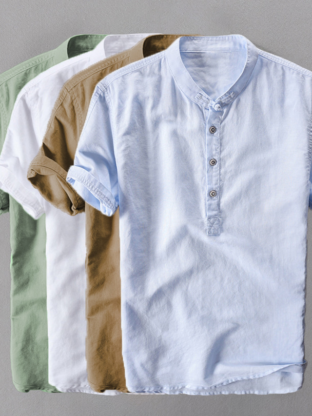  Men's Linen Shirt Casual Shirt Summer Shirt Beach Shirt Henley Shirt Black White Yellow Short Sleeve Plain Henley Spring & Summer Outdoor Holiday Clothing Apparel