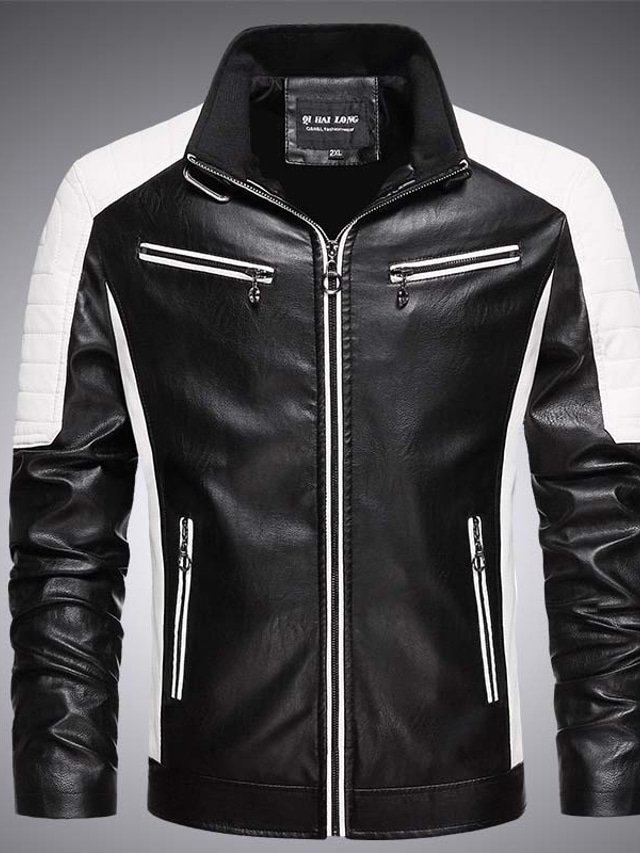  Men's Faux Leather Jacket Motorcycle Jacket Windcheater Jacket Outdoor Camping & Hiking Waterproof Windbreaker Zipper Pocket Fall Winter Color Block Fashion Streetwear Lapel Regular Black Red Coffee