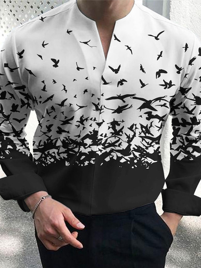  Pássaro Casual Homens Camisa Social Ao ar livre Rua Casual / Diário Outono & inverno Pescoço Dividido Manga Longa Preto Vermelho S M L Camisa