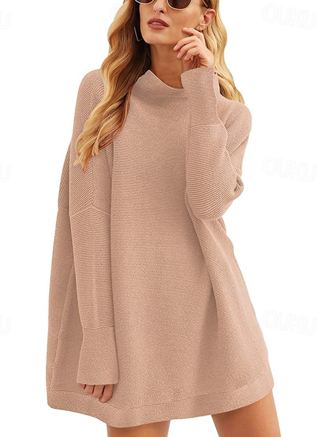  Women's Pullover Sweater Jumper Turtleneck Ribbed Knit Patchwork Lantern Sleeve Winter Outdoor Elegant Stylish Casual Long Sleeve Solid Color Black White