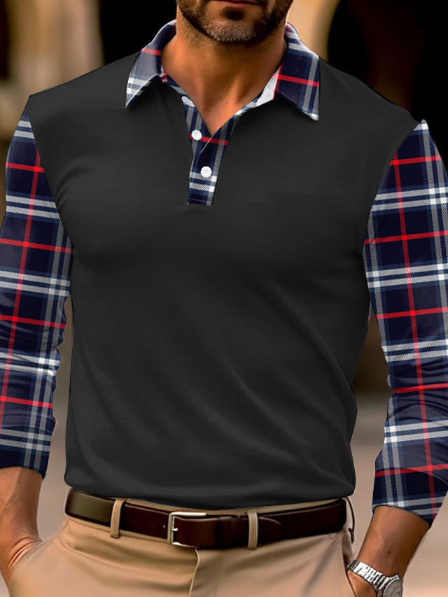  Men's Plaid Long Sleeve Polo Shirts Turndown Business Outdoor Casual Daily Streetwear 3D Print Black White Dark Navy