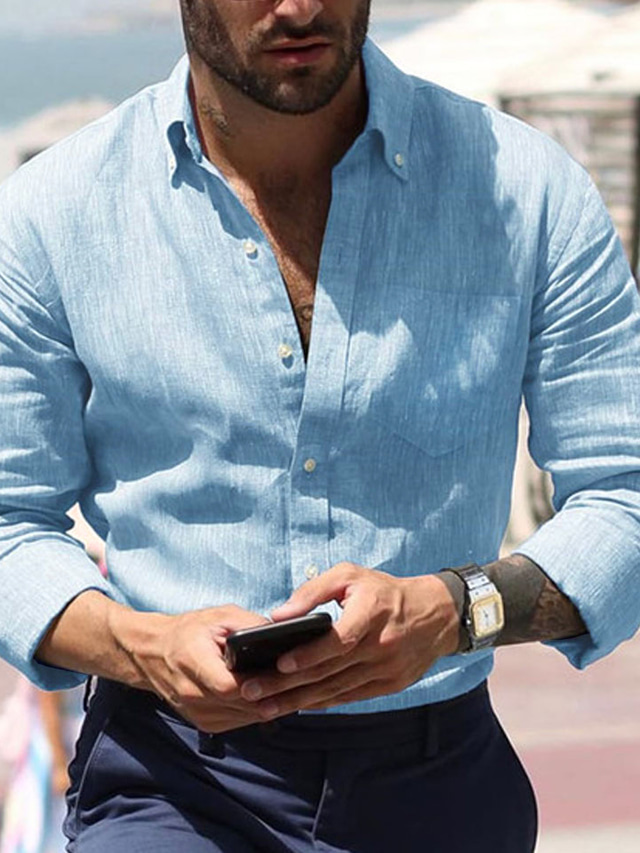  Hombre Camisa camisa de lino Camisa de verano Camisa de playa Negro Blanco Azul Piscina Manga Larga Plano Cuello Americano Primavera verano Casual Diario Ropa