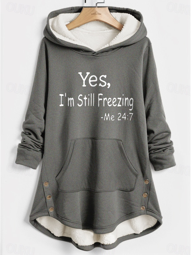  Women's Hoodie Sweatshirt Pullover Warm Funny Fuzzy Sherpa Fleece Lined Letter Casual Sports Hoodie Buttons Print Front Pocket Long Sleeve Pink Blue Gray Fall & Winter