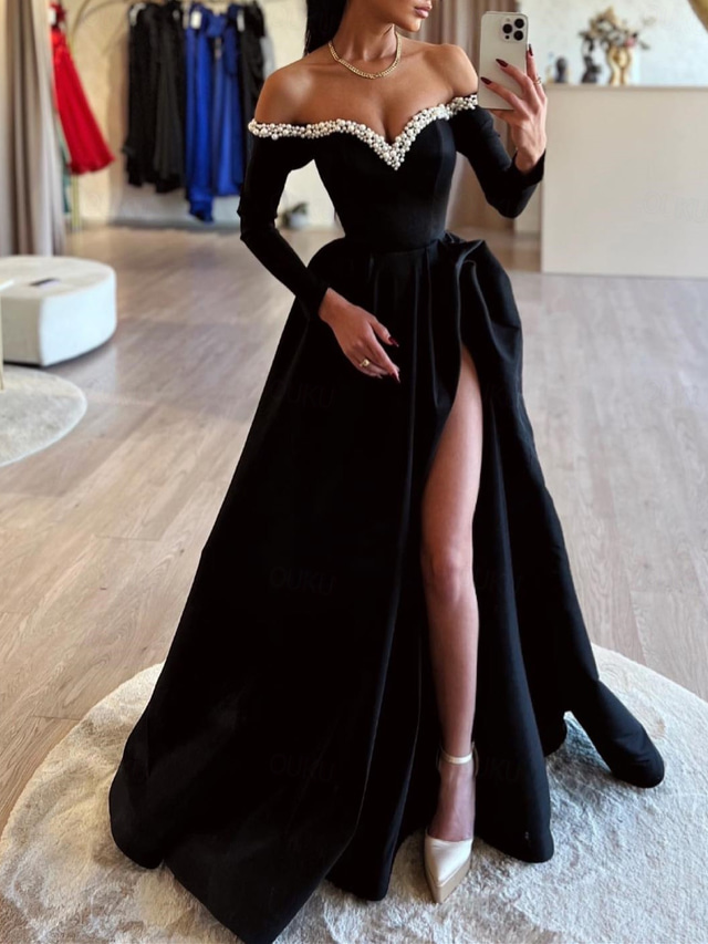  TS A-Line Evening Gown Black Dress Dress Formal Masquerade Sweep / Brush Train Long Sleeve Off Shoulder Satin with Pearls Slit 2024