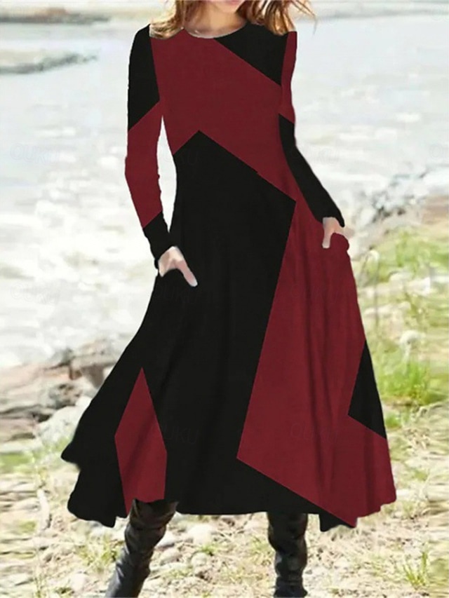  Women's Midi Dress Work Dress Casual Dress Winter Dress Fashion Formal Winter Dress Party Pocket Print Crew Neck Long Sleeve Color Block Regular Fit Black Red Brown Fall Winter S M L XL XXL