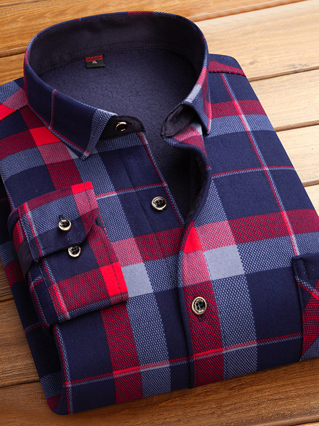  Men's Dress Shirt Plaid Shirt Collared Shirt Fleece Shirt Button Up Shirt Overshirt Plaid / Check Wedding Party A B C D Long Sleeve Square Neck Winter Clothing Apparel Warm