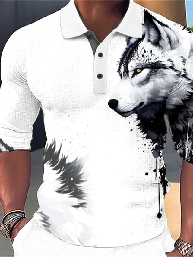  Wolf Men's Abstract 3D Print Outdoor Casual Daily Streetwear Polyester Long Sleeve Turndown Polo Shirts White Yellow Fall & Winter S M L Micro-elastic Lapel Polo
