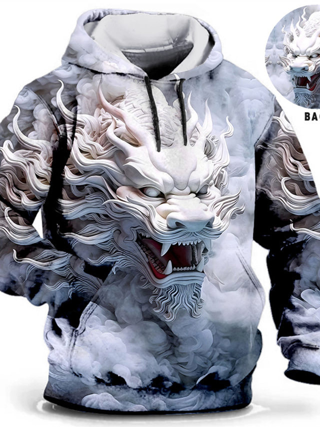  Chinese New Year Dragon Hoodie Mens Graphic Animal Prints Daily Classic Casual 3D Pullover Holiday Going Out Streetwear Hoodies Blue Green Khaki Long Sleeve Hooded Festival White Cotton