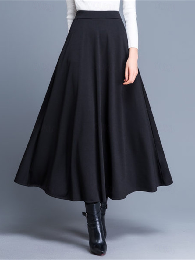  Women's Skirt A Line Swing Midi High Waist Skirts Pocket Solid Colored Street Daily Winter Elegant Fashion Wine Black Red