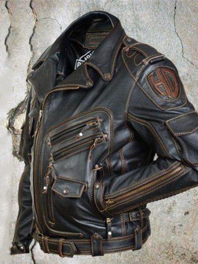  Men's Faux Leather Jacket Biker Jacket Vintage Leather Jacket Outdoor Street Thermal Warm Rain Waterproof Pocket Spring, Fall, Winter, Summer Solid Color Streetwear Sporty Turndown Regular Faux