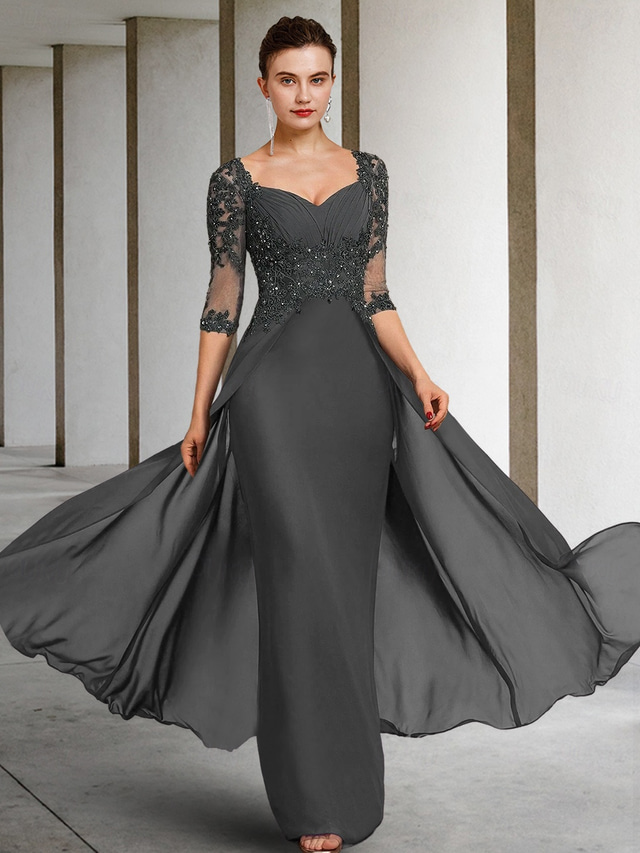  TS Sheath Mother of the Bride Dress Formal Wedding Guest Elegant Party Square Neck Floor Length Chiffon Lace 3/4 Length Sleeve with Sequin Appliques Ruching 2025 free custom size